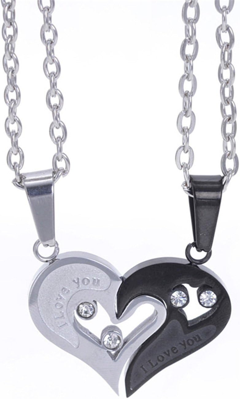 Aworth 2Pcs Heart-Shape I Love You Stainless Steel Couple Lovers Half Heart Pendant Necklace Puzzle Pendant Necklace(One Pair) black and silver