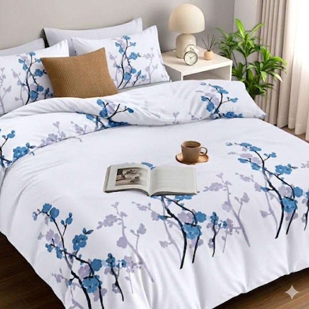 4 Piece Duvet Cover Set Double Bedding Set with Fitted Sheet & Pillowcases Reversible Microfiber Quilt Cover Set Double Bed Floral Geometric Marble Plain Designs UK (Silent Spring, Double)