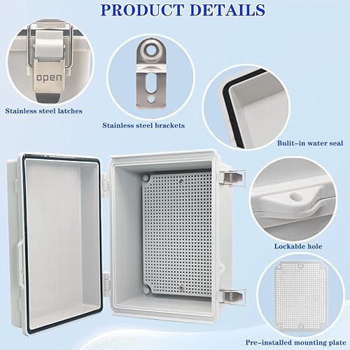 Miniatura 3 de YETLEBOX Caja eléctrica impermeable con placa de montaje y soporte de pared, caja de conexiones IP67, cierre de acero inoxidable, cubierta gris con