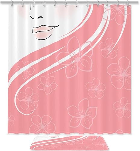 Pink Hair Woman Waterproof Shower Curtain and Mat Set Polyester Bathroom Curtain and Rug Set with Hooks 708x708