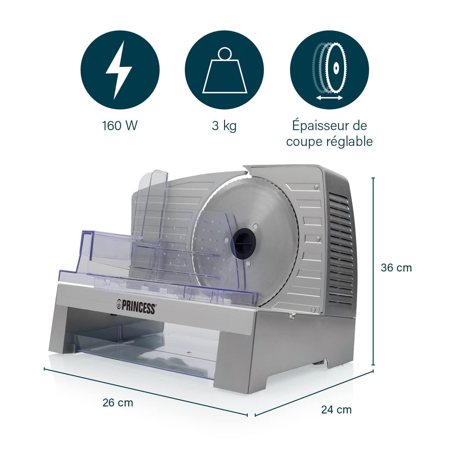 Tristar Trancheuse électrique Princess 492988 - Pour pain, charcuterie, fromage - Épaisseur de tranche réglable (0-23 mm) - Avec poussoir et bac récupérateur - 160 W Inox Brossé