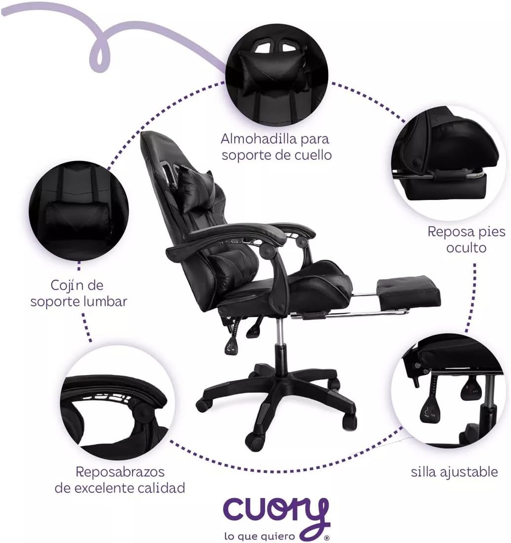 CUORY Gaming Chair detailed features: headrest, footrest, lumbar support, armrests