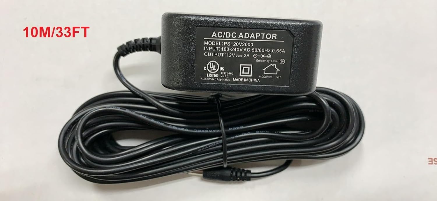 Top view of the AC/DC Adaptor showing specifications and 10M/33FT cable length.