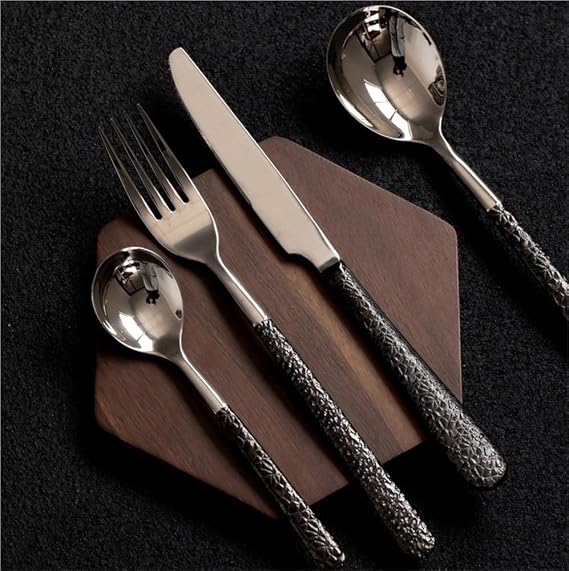 Luxury Silverware Flatware with Black Handle, 16/24/32/40/48 PCS Silverware Set for 1/4/6/8/10/12 Premium 18/8 (304) Stainless Steel Cutlery Set(16 Piece set for 4)
