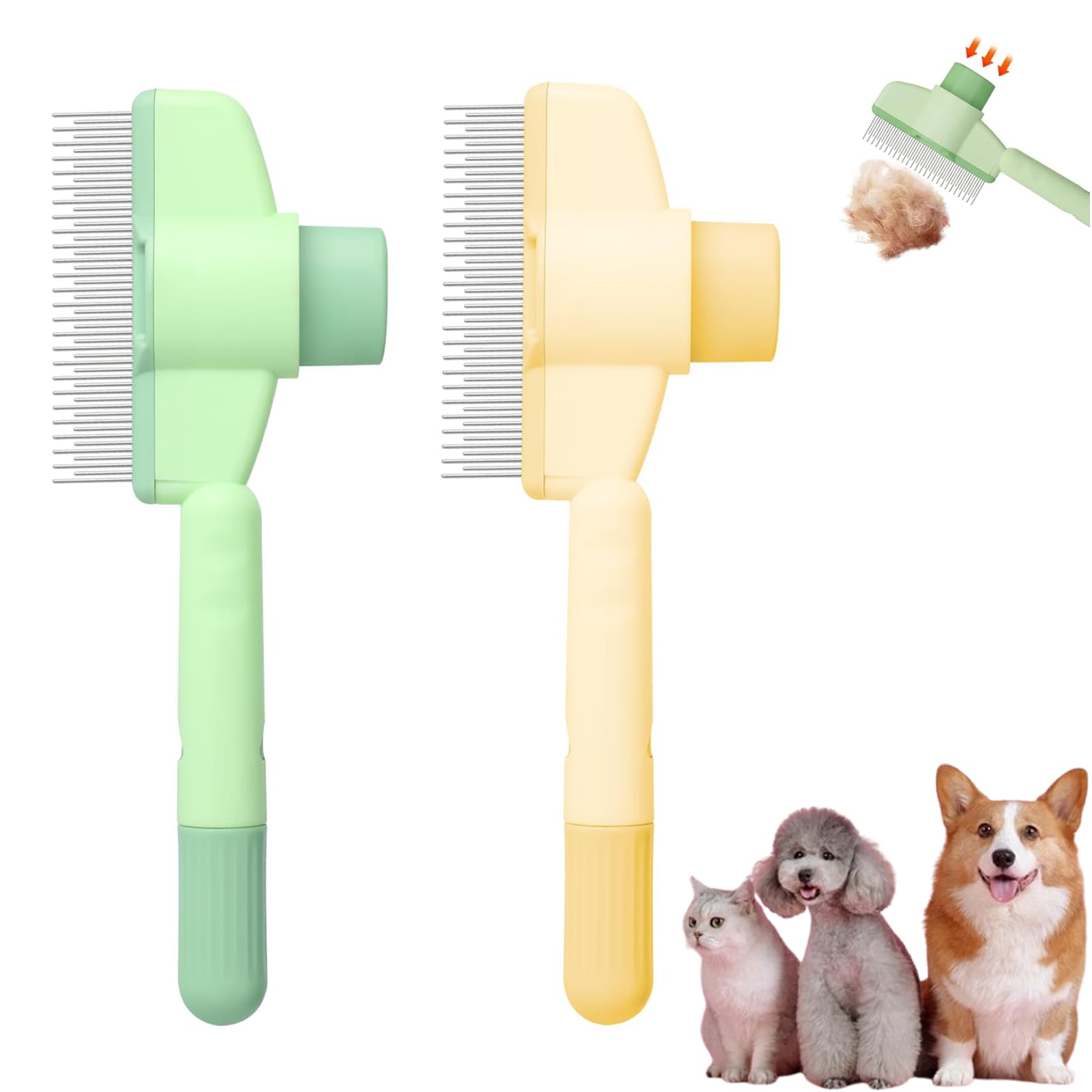 KixMalkinly 2PCS Pet Hair Removal Comb Flea Comb,2025 New StainlessSteel Cat Brush with Release Button Self-Cleaning, Pet Hairs Removal Brush for Short and Long Hair(Yellow+Green)