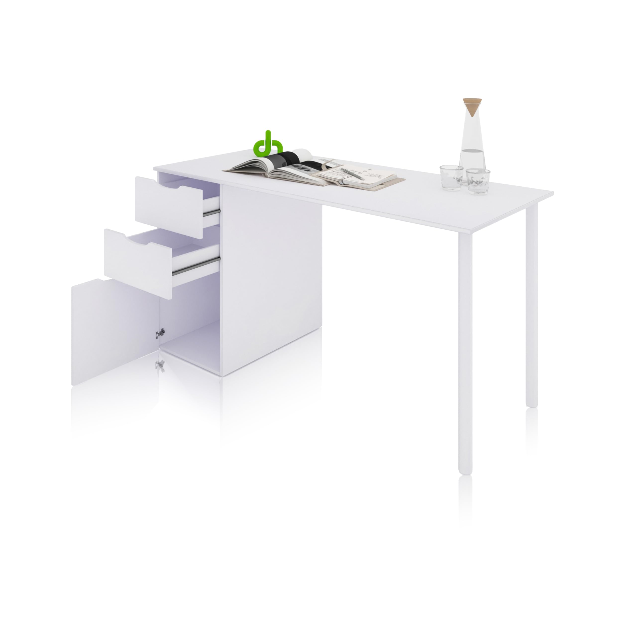duehome | Mesa Ordenador Reversible con 2 Cajones y 1 Puerta, Mesa Despacho, Escritorio, Modelo Luma, Acabado en Color Blanco Artik, Medidas: 138 cm (Ancho) x 60 cm (Fondo) x 74 cm (Alto)