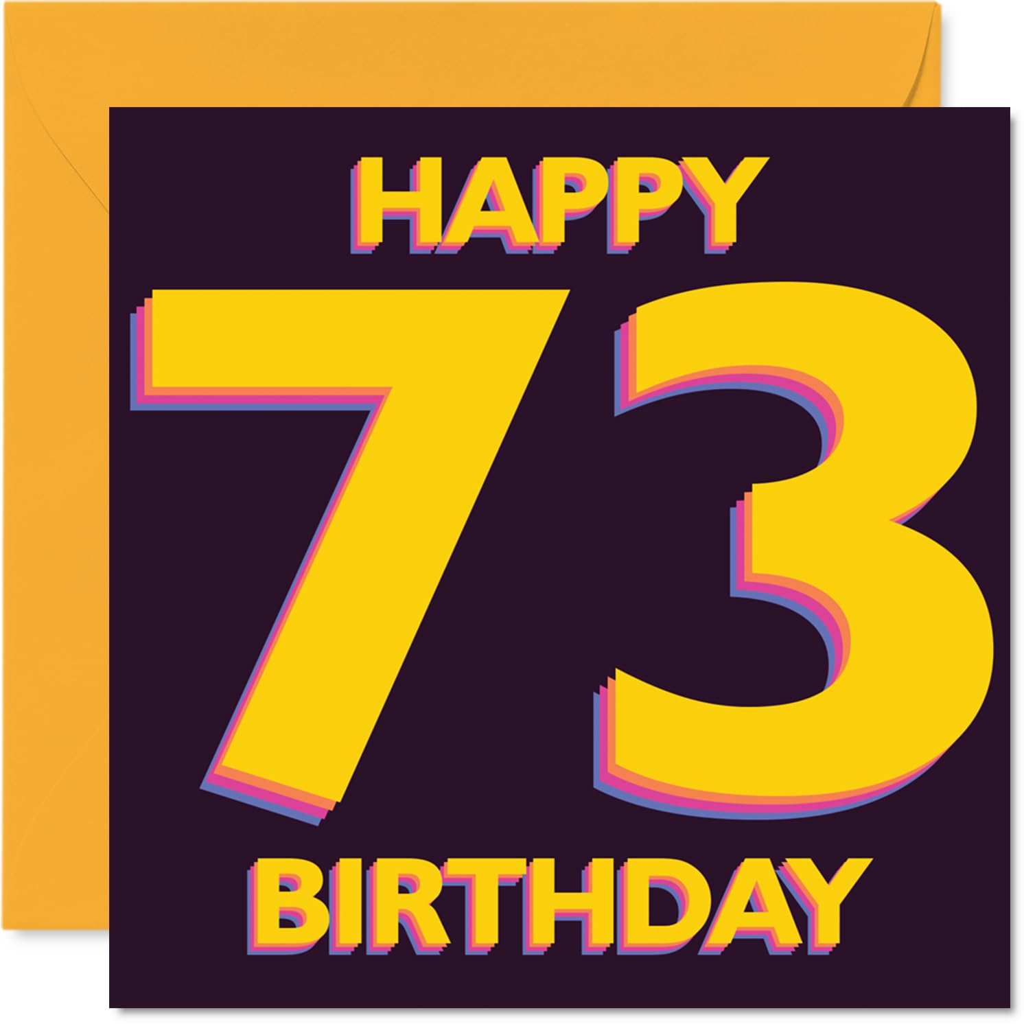 Playful 73rd Birthday Card - Bold and Bright Cheers - Striking Yellow and Purple 73 Motif - Makes Milestone Birthdays Pop - 145mm Square, Envelope Included