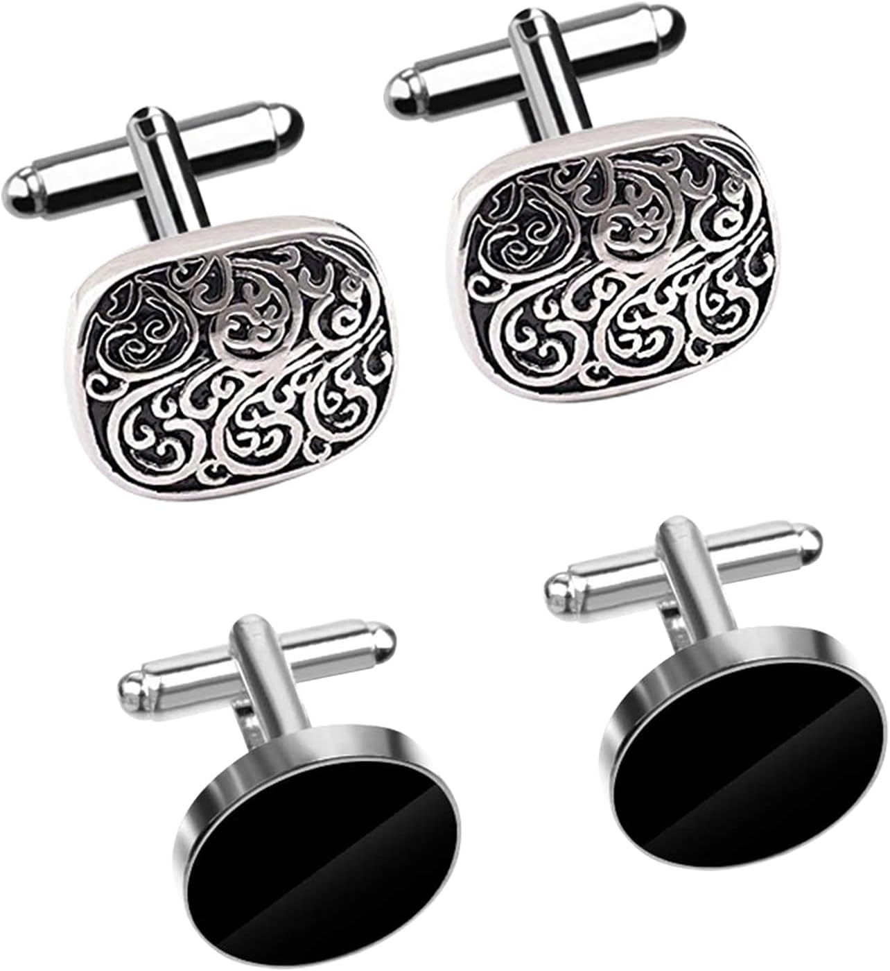 2 Pairs Cufflinks for Men, Stainless Steel Classic Cufflinks Black Round and Square Retro Knot French Striped Shirt Suit Button Cuff Link Kit For Wedding Business Graduation Jewelry Gift
