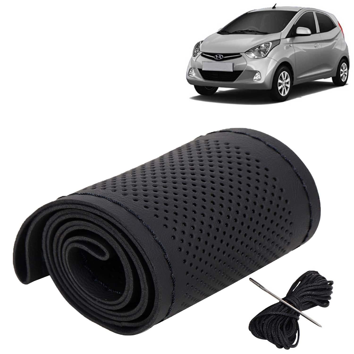 KINGSWAY® PU Leatherite Car Steering Cover Sewable Compatible with Hyundai Eon (Year 2011-2019), Black Color with Black