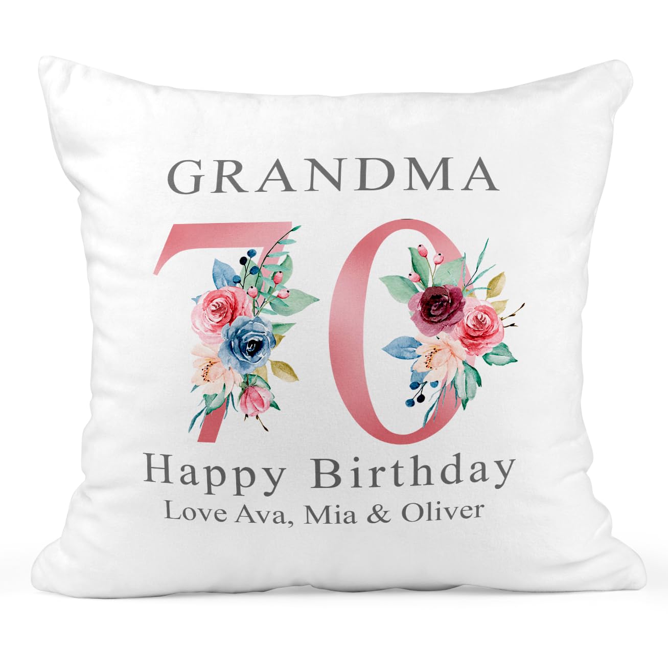 Personalised 70th Birthday Cushion - Floral Number 70 with Name - 40cm x 40cm - 100% Polyester - with Cushion Insert