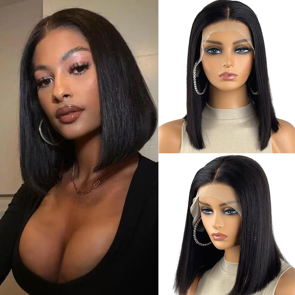 Bob Wig Human Hair Straight 13x4 Transparent Lace Front Bob Wig Pre Plucked 180% Density Bob Lace Front Wigs Human Hair Blunt Cut Wig Natural Color 12 Inch