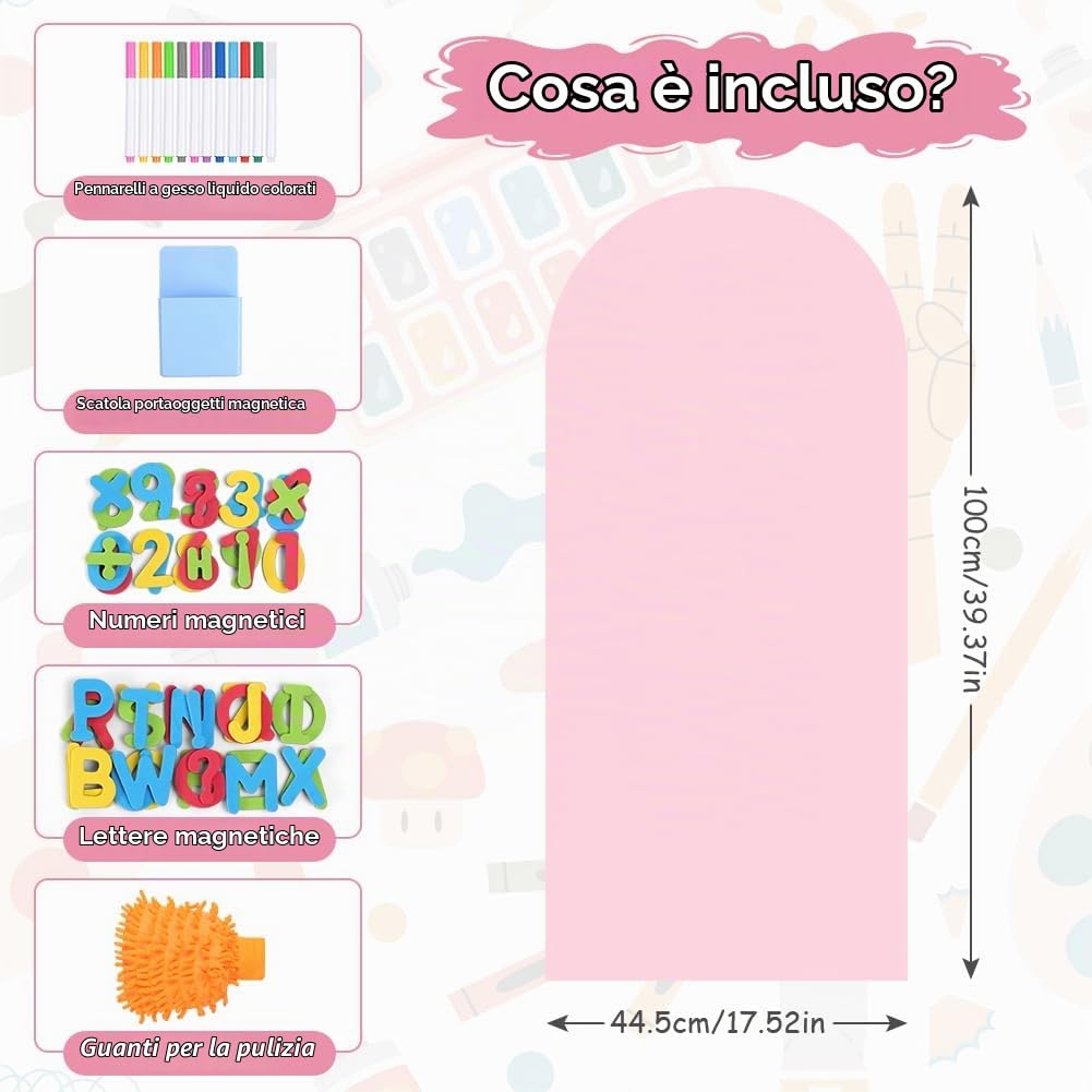 DiULi Lavagna Magnetica da Parete 44.5 x 100 cm, Autoadesiva Lavagna Cancellabile per Bambini con Gessetti, Pannello Decorativo Parete per Cameretta dei Bambini, Scuola, Ufficio(Rosa)