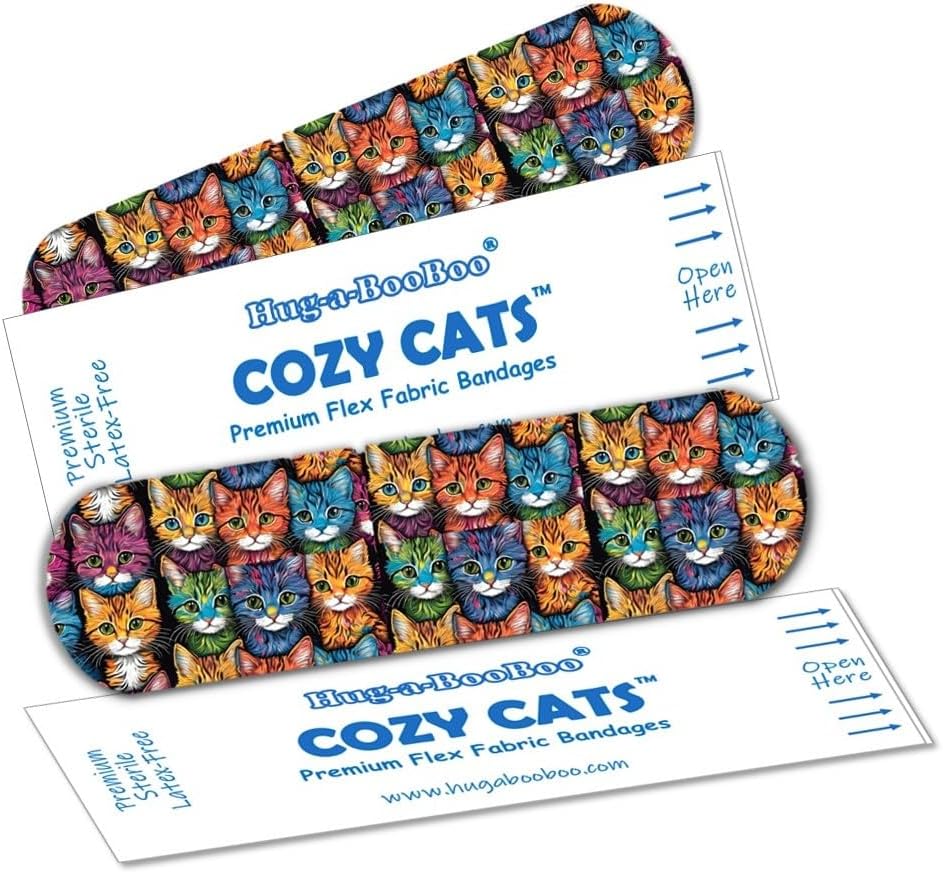 Cozy Cats Soft and Comfy Flexible Fabric Bandages from Hug-a-BooBoo. Latex Free Super Fun and Colorful Cat Bandages. Great Cat Lover Gift! 24 Ct Box