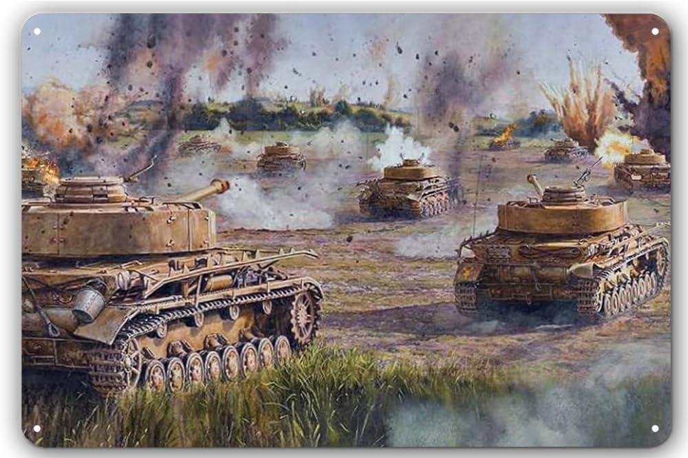 WWII Military Tank Battlefield Scene Tin Sign 8x6 in – Historic War Armor Metal Wall Decor