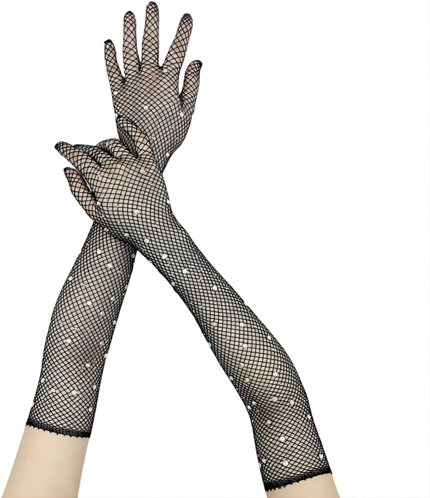Womens Sheer Mesh Elbow Length Gloves Fishnet Rhinestone Sparkly Elasticity Gloves For Opera Prom Party Halloween Costumes