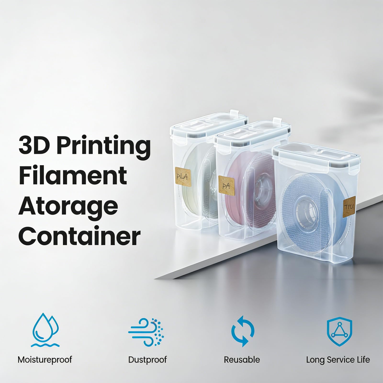 Contenedor compacto de almacenamiento de filamentos que protege los suministros de impresión 3D de la humedad y prolonga la duración de uso de la solución de almacenamiento de bobina