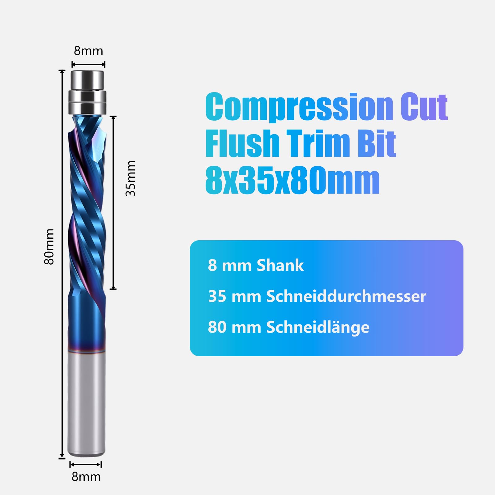 Spiral Flush Cutter 8 mm Shank, Up & Down Compression Cut Flush Trim Bit, 35 mm Schneiddurchmesser, 80 mm Schneidlänge Spiral Rilte Doppelkugellager Holzschneider
