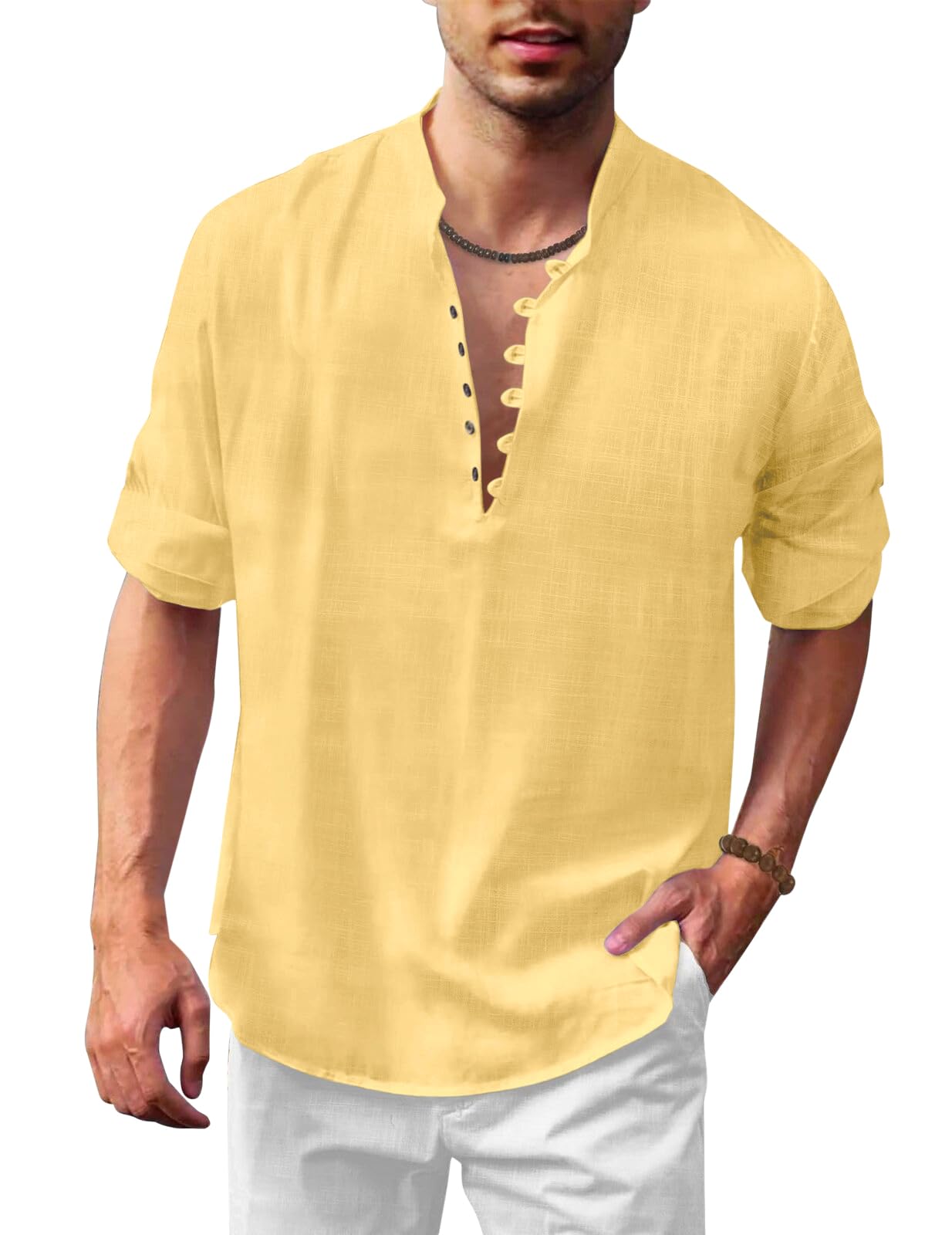 Royalscout Men's Solid Cotton Blend Straight Kurta Shirt | Regular Fit Full Sleeve Short Kurta Yellow
