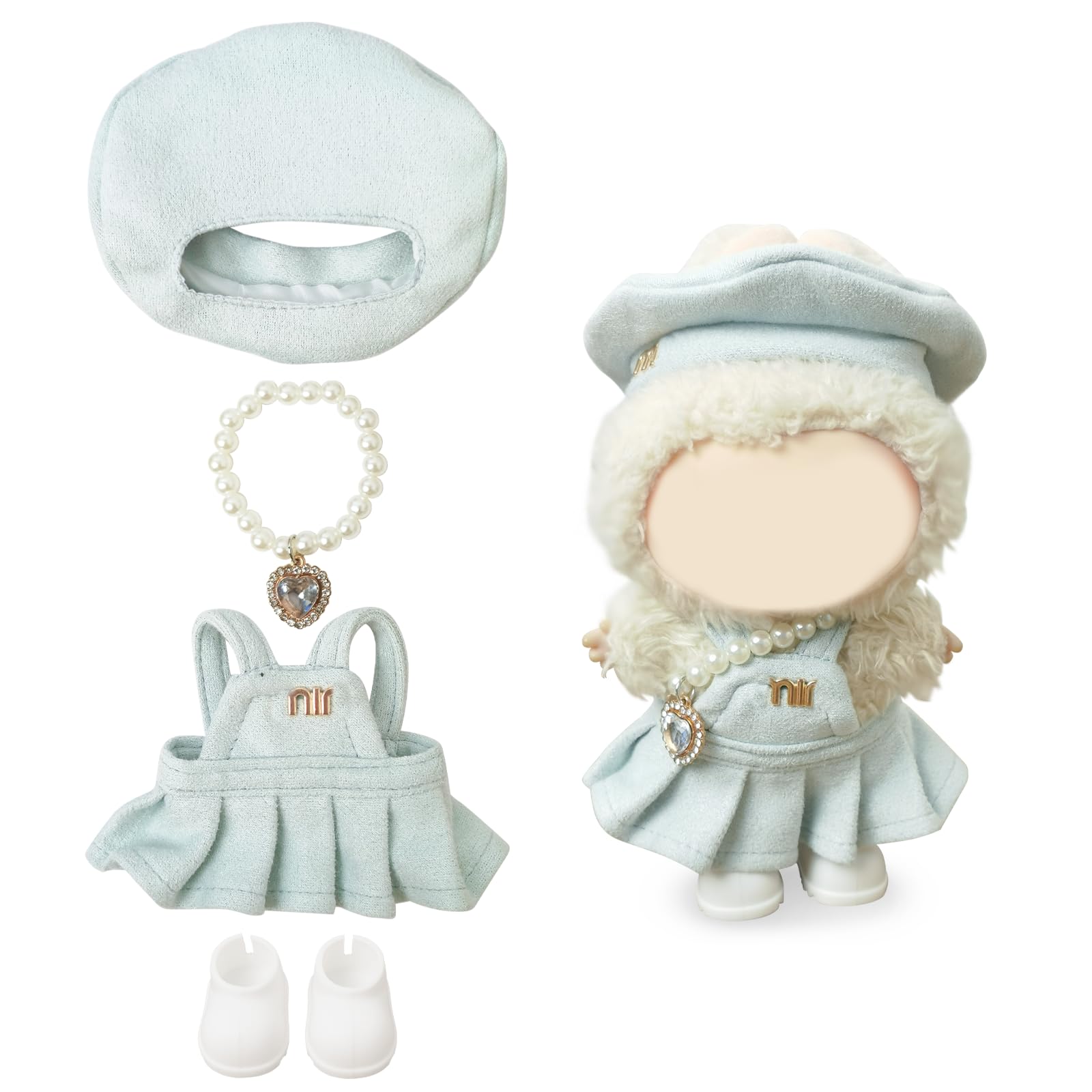 Clothes Compatible with LABUBU Doll – 4PCS Frosted Mint Set, 17cm Doll Clothes Designer Outfit for Campus Classic Theme, Chic Stylish Accessories for