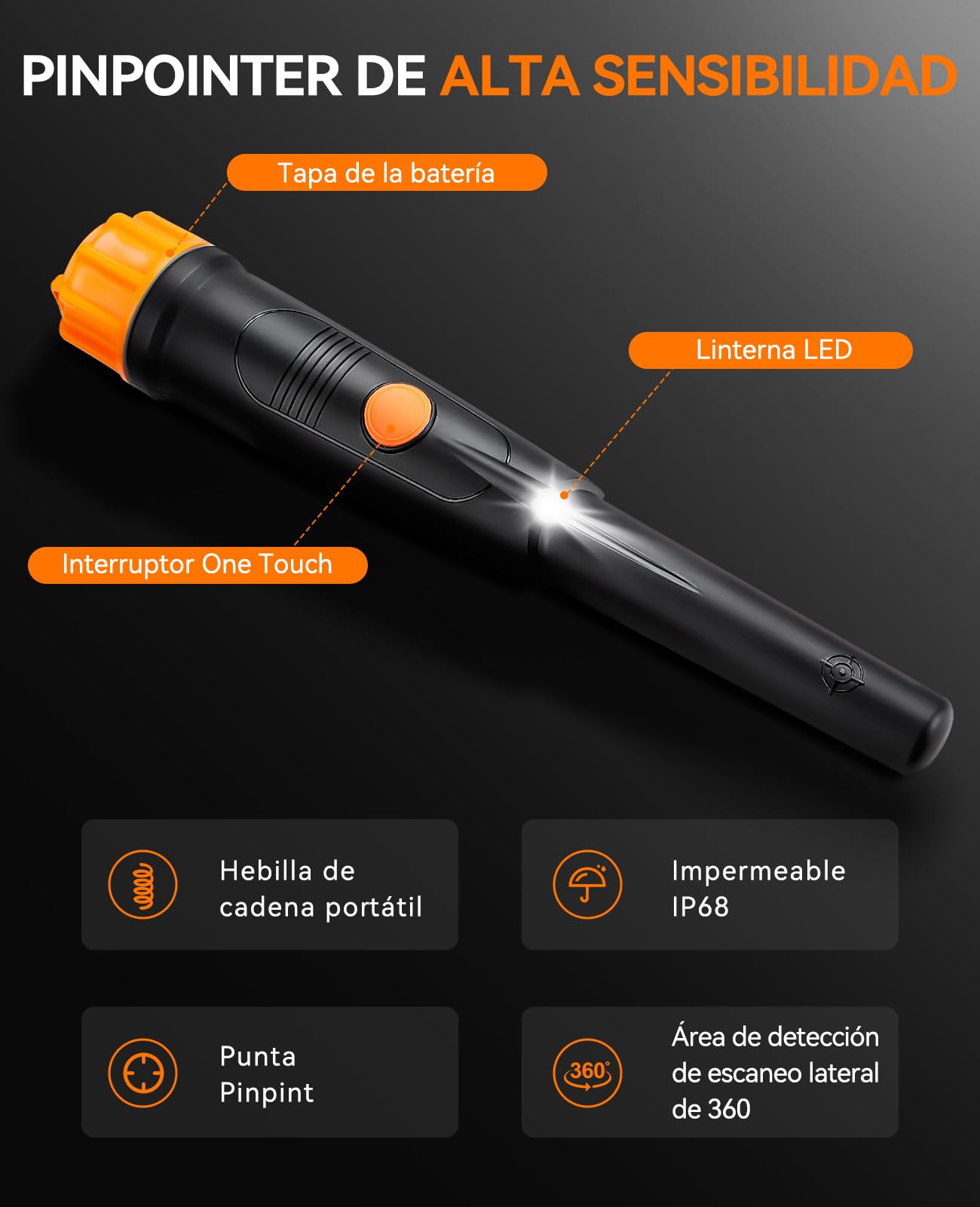 SUNPOW Pinpointer IP68 Impermeable 5-10 Metros Bajo el Agua con 1 Pilas Naranja Portátil Herramientas para Buscar Oro Plata Monedas para Junior Niño Adultos (Negro)