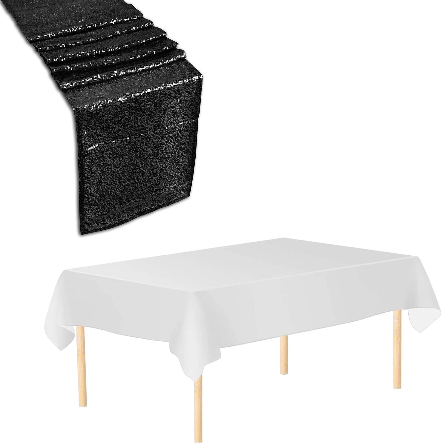 Trimming Shop White Tablecloth & Black Sequin Table Runner Set, 2pcs