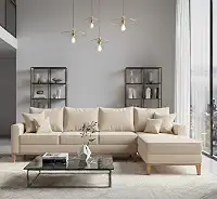 Sofá Beny com Chaise Direita, 2,60x1,40m, 4 Lugares, Linho, Base em Madeira. (Cru)
