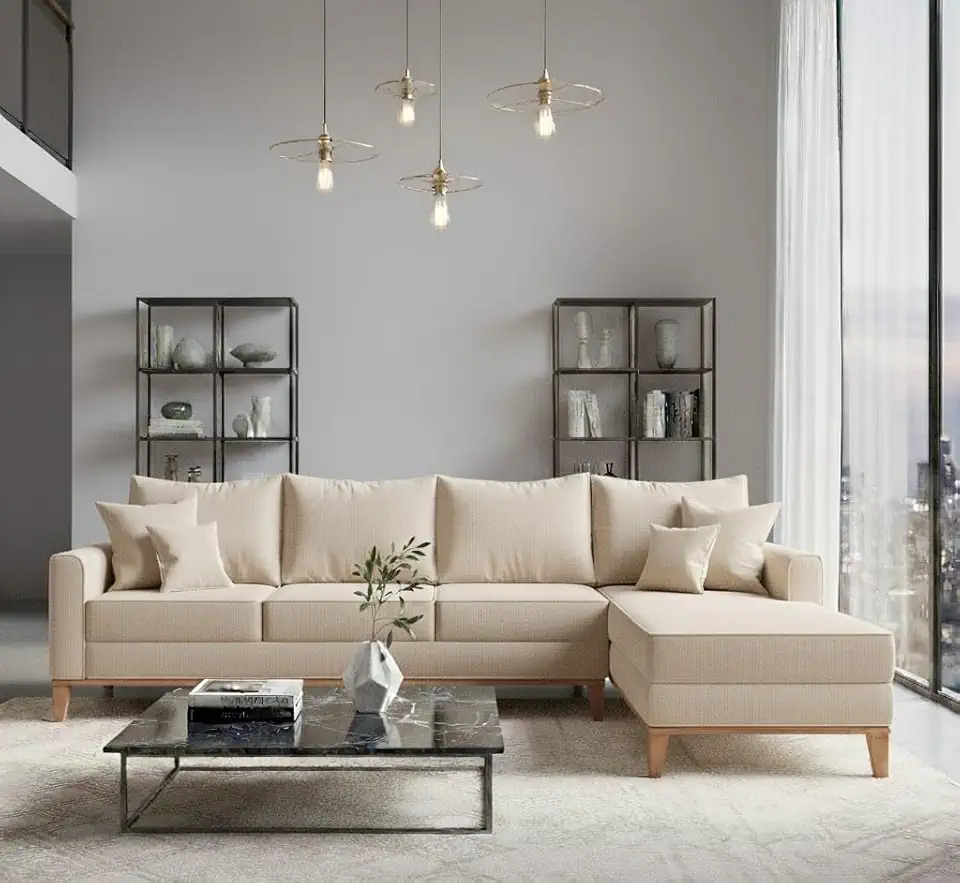 Sofá Beny com Chaise Direita, 2,60x1,40m, 4 Lugares, Linho, Base em Madeira. (Cru)