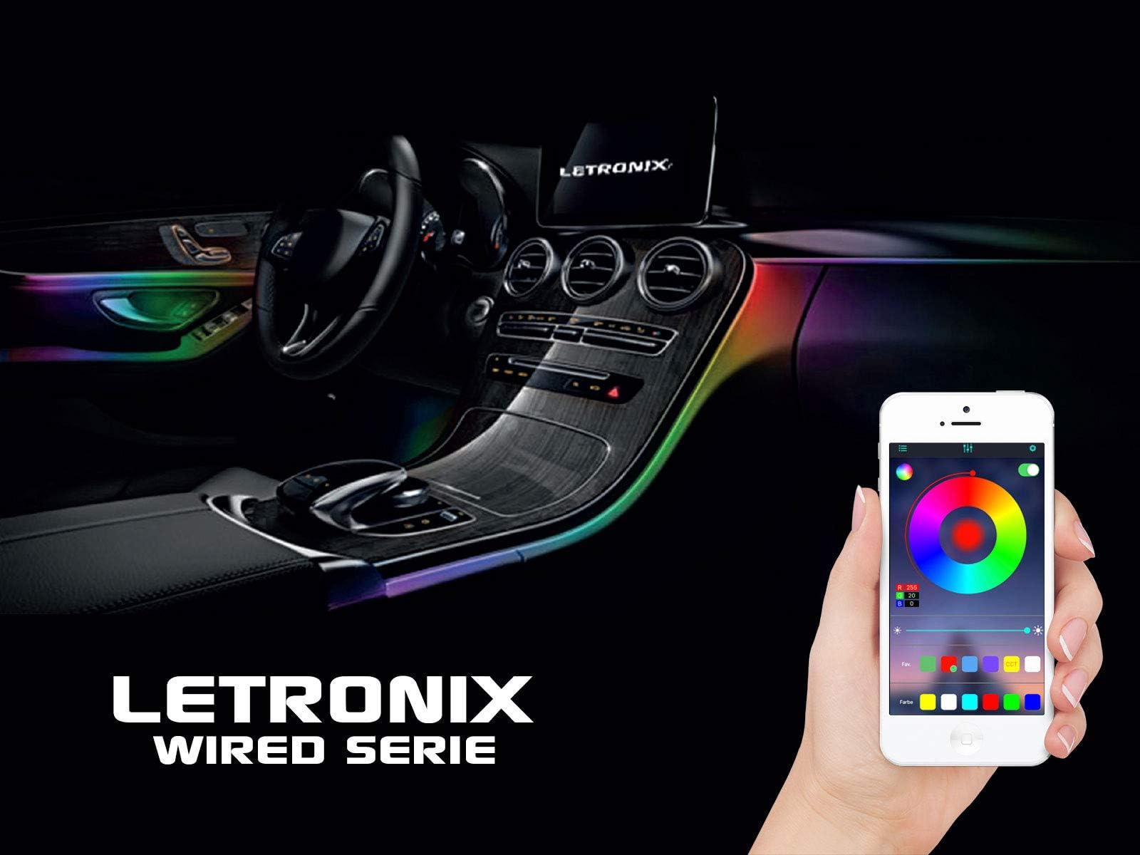 Letronix RGB LED Ambient Lighting Wired Series 4 LED Modules 6-m Light Conductor with Bluetooth App Control Car Interior Lighting El-Wire