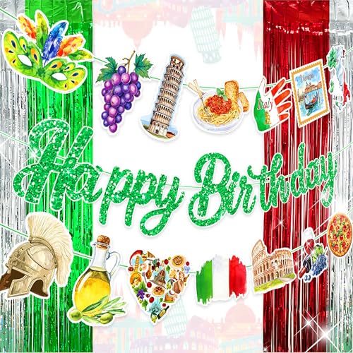 décoration anniversaire thème italien guirlandes banderoles tour de pise inclinée pizza bon anniversaire accessoires fête