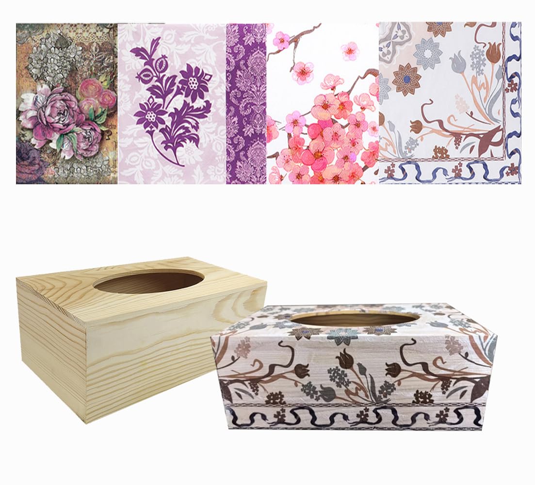 Caja de pañuelos de madera natural con servilletas decoupage artesanales de 25cm para manualidades