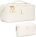 Birthday Gifts for Women Teen Girl, Personalized Initial Makeup Organizer Bag Set, Open Flat Travel Cosmetic Bag With Clear Divider and Handle, Brown, 9.1 x 4.33 x 4.73 inches, A