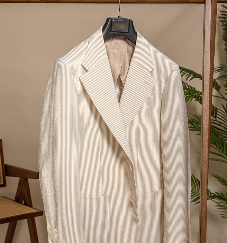 Mens Short Seersucker Suit Casual Striped Summer Beach Wedding Grooms Lightweight Blazer Jacket Shorts 2 Piece Set4