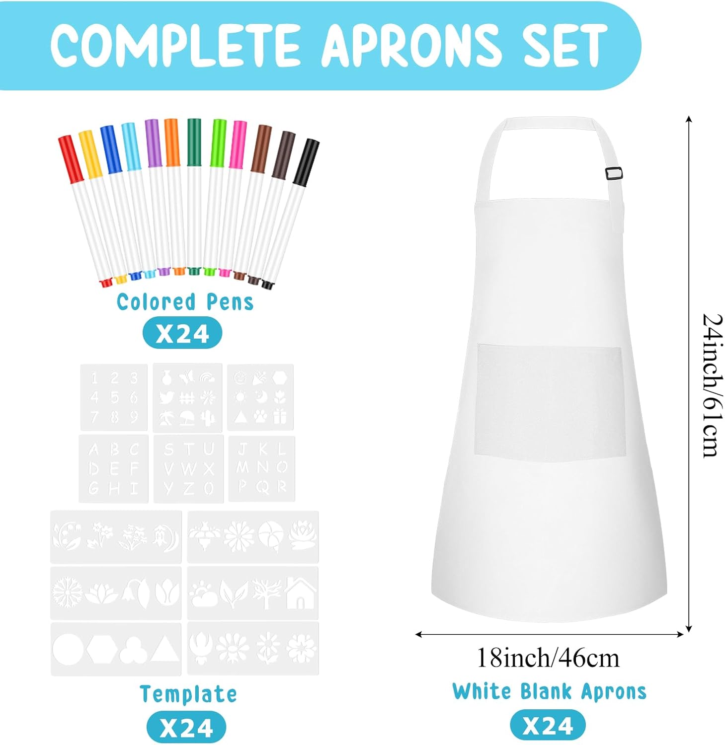 Morcheiong 6/12/24 Pack Adjustable Kid Apron Children Apron with Colored Pen and Craft Template Children Painting Apron-White