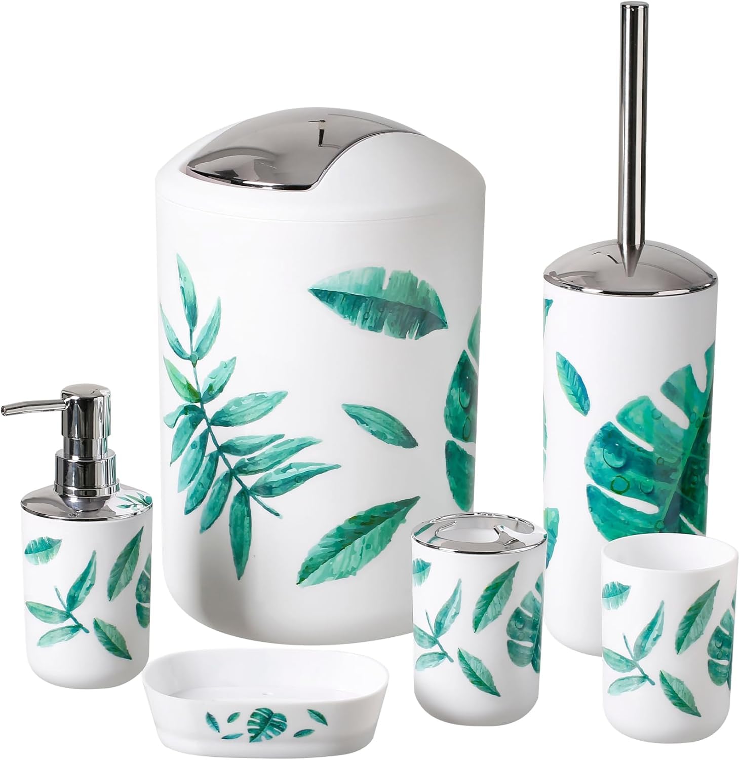 6-Piece Bathroom Accessories Set Luxury Modern Vanity Organizer Bath Set Toilet Brush with Holder, Soap Dish, Soap Dispenser, Toothbrush Holder, Tumbler, Trash Bin (Leaves)