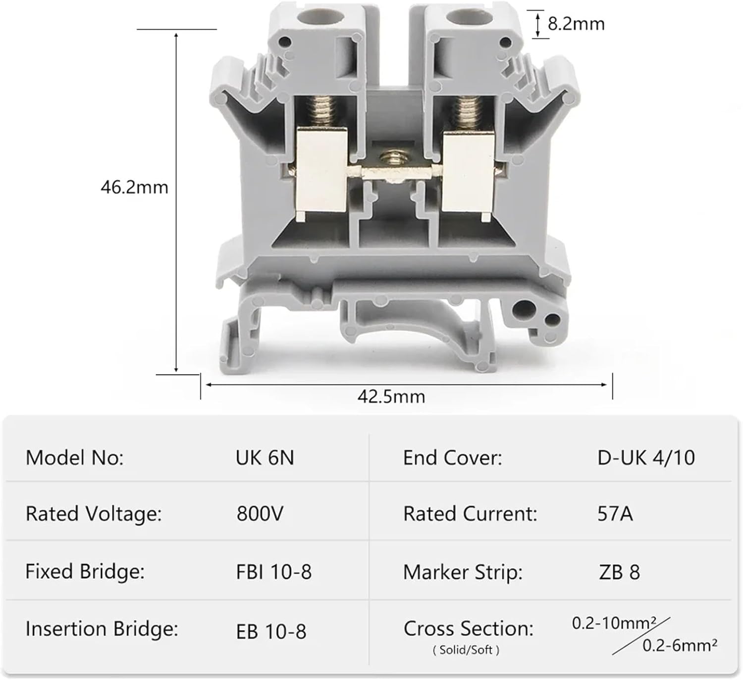 10Pcs UK 6N DIN Rail Terminal Block High Current 57A Screw Connection Electrical Conductor(UK-6N-10PCS-BLUE)