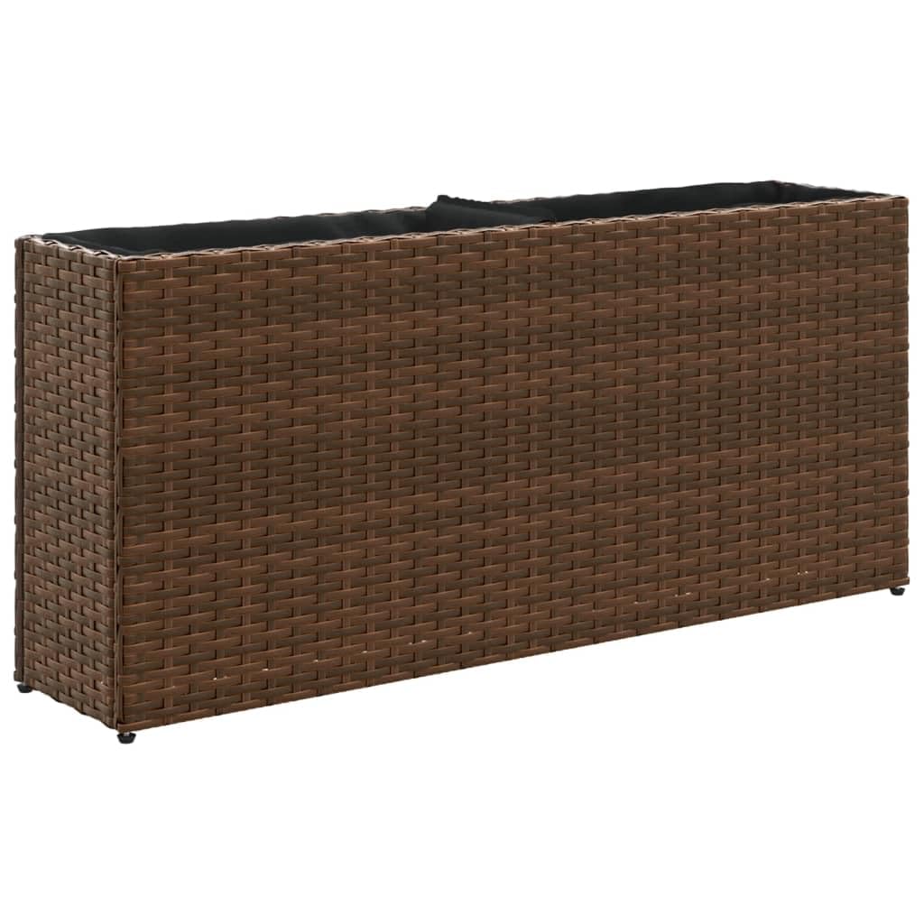 Jardinera con 2 compartimentos de ratán sintético, 90 x 20 x 40 cm, resistente a la intemperie para jardín, balcón y terraza, incluye 2 bolsas de fieltro, color marrón