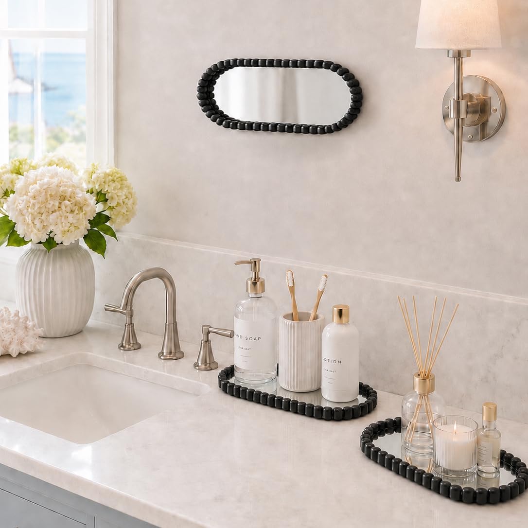 3 Set Countertop and Vanity Trays, Cute Bathroom Trays with Mirror Base, Black Bathroom Counter Organizer for Soap Dispenser, Tissues, Candles, Towel, Plant, Perfume Key. (12.3”x5.2”)