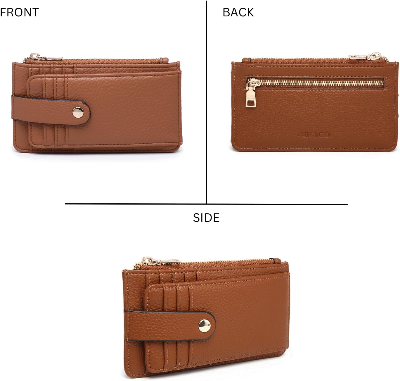 JEN & CO. Mae RFID Blocking Wallet for Women, Vegan Leather Slim Snap Wallet with Zip Pockets & Clear ID Window (Mocha)