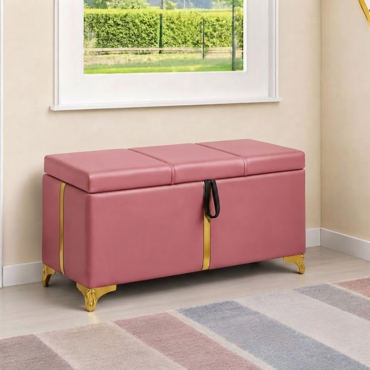 Storage Ottoman Bench with Hidden Storage, Foldable Faux Leather Ottoman Seat, Upholstered Storage Chest for Bedroom, Living Room, Entryway & End of Bed, Green with Gold Legs (Pink)-image-25