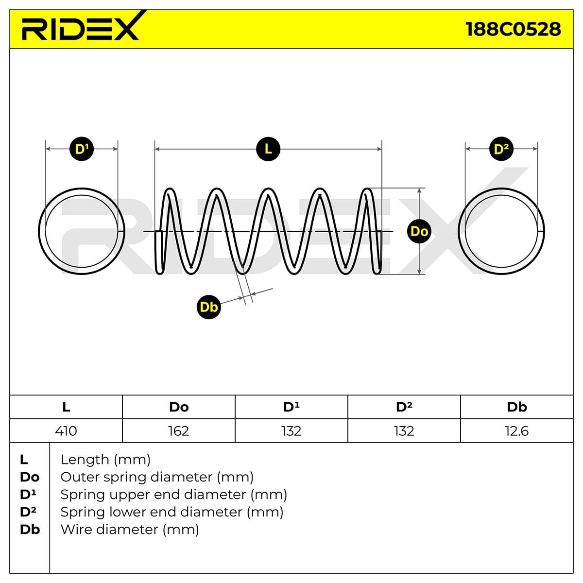 Sprężyna zawieszenia RIDEX 188C0528 Przód, 2 szt Kompatybilny z PEUGEOT 206 SW 2E/K 206 hatchback 2A/C 306 Break 7E, N3, N5 306 hatchback 7A, 7C, N3, N5 306 kabriolet 7D, N3, N5