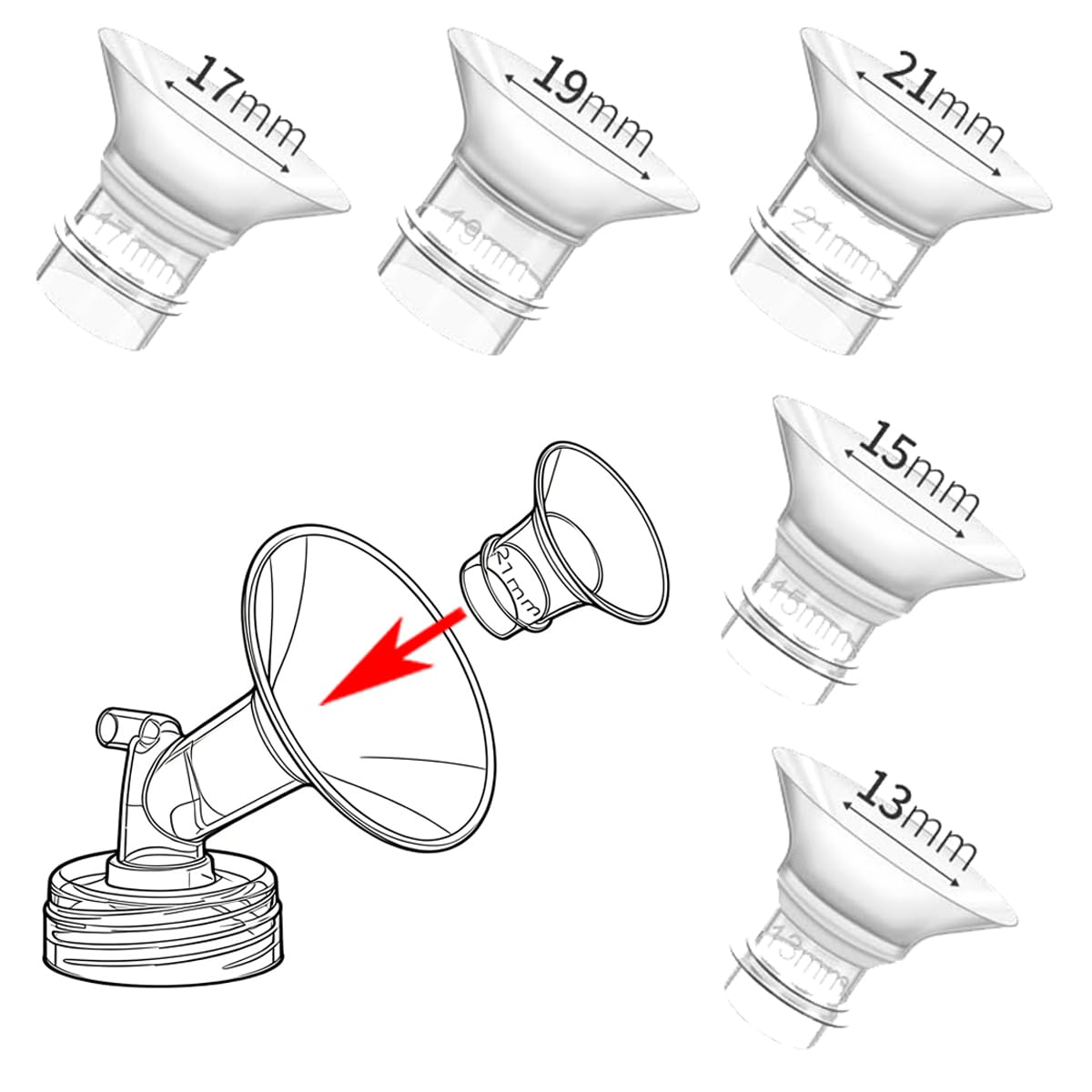 5 Pcs Flange Insert for Breast Pump, 24mm Shields/Flanges Sizing Kit, Suitable for Medela Milk Pump for Breastfeeding Inserts Accessory (Size: 13/15/17/19/21mm)