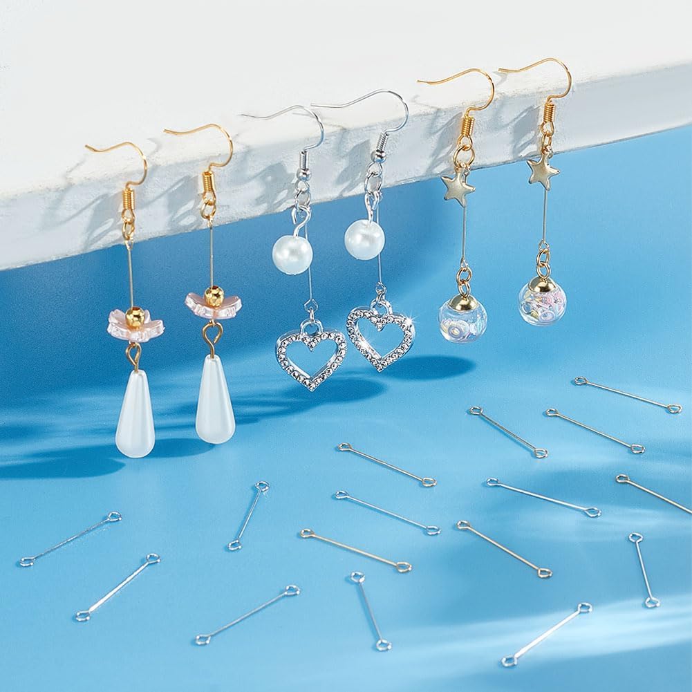 PH PandaHall 100pcs 25mm Brass Eye Pins Double Sided Eye Pins 26 Gauge Brass Wire Open Eye Pins Findings Gold Silver Ear Connecting Rod for DIY Crafts Earrings Necklaces Bracelets Jewelry Making
