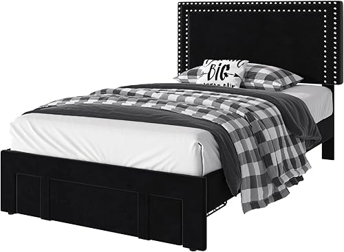 Miniatura 161 de VECELO Base de cama de tamaño matrimonial con cabecera tapizada ajustable, plataforma de listones de madera, diseño sin ruido, fácil montaje Negro