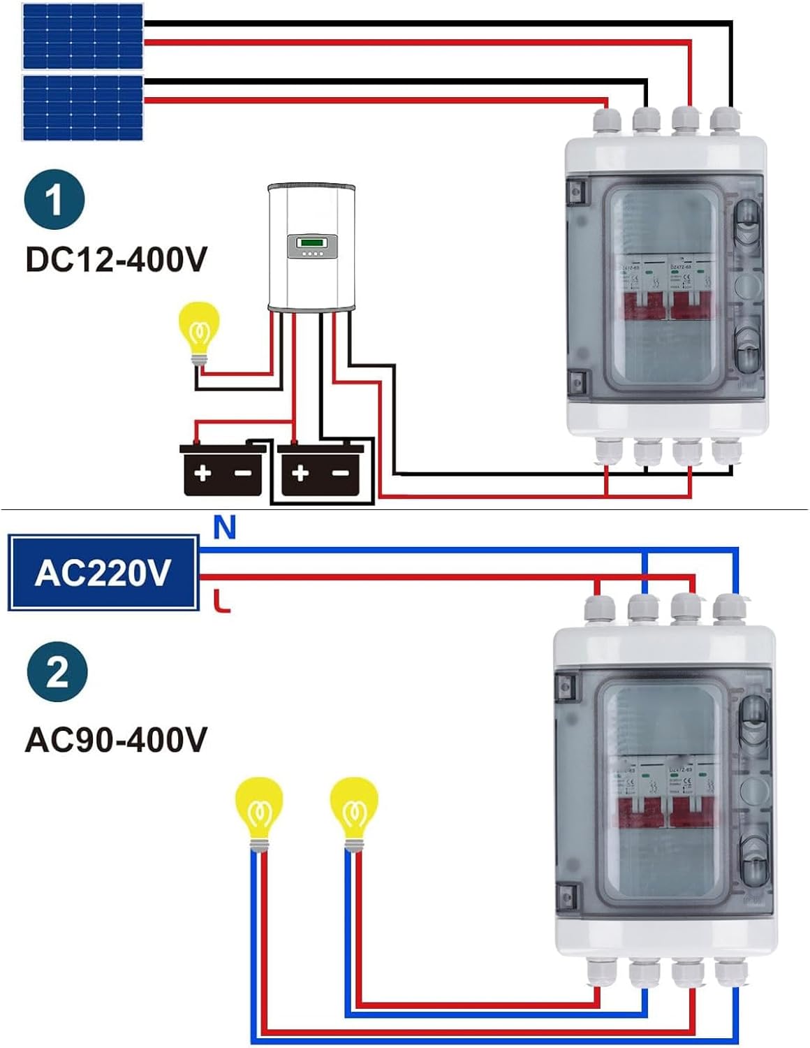 2 in 2 Out DC Miniature Circuit Breaker 500V 63A with Junction Box PV Solar Disconnect Switch Power Distribution IP65 Battery Breaker Protector