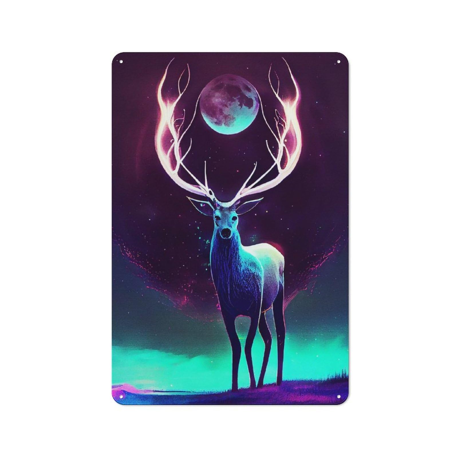 Junmoney Style-20 Decorative Metal Plaque With Deer And Moon Painting Design 30X20cm, Modern Retro Studio Wall Art For Workspace, Cafe, Hallway Or Garage