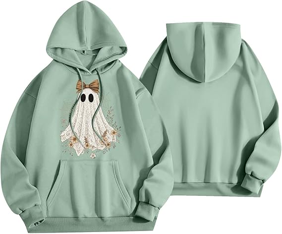 Halloween Hoodies for Women 2025 Fall Fashion Long Sleeve Cute Ghost Graphic Lightweight Hoodie with Pockets