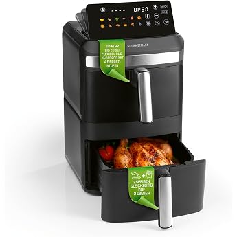 GOURMETmaxx FryUp XL Vertical Double Chamber Hot Air Fryer - 12 L Airfryer with 9.6 Inch Multi-Colour LED Touch Display & 12 Programmes Hot Air Fryer 2 Chambers SYNC & MATCH Function