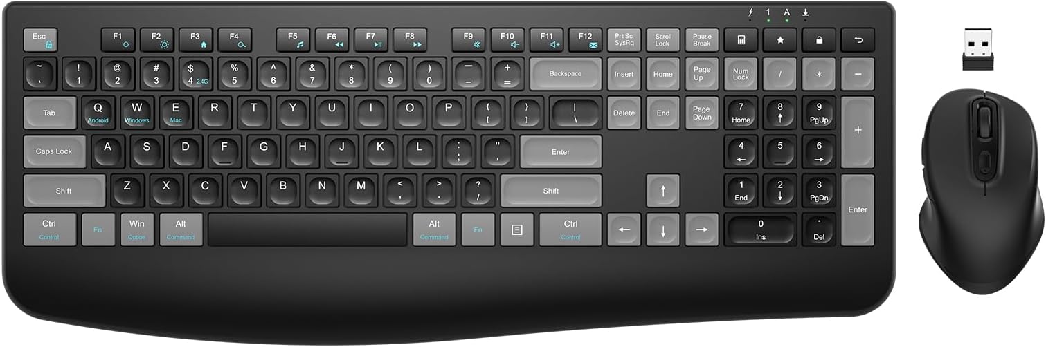 Wireless Keyboard and Mouse Combo Rechargeable, EDJO 2.4G Full-Sized Computer Keyboard with Wrist Rest and 3 Level Adjustable DPI Wireless Mouse for Windows, Mac OS Desktop/Laptop/PC (Black Grey)