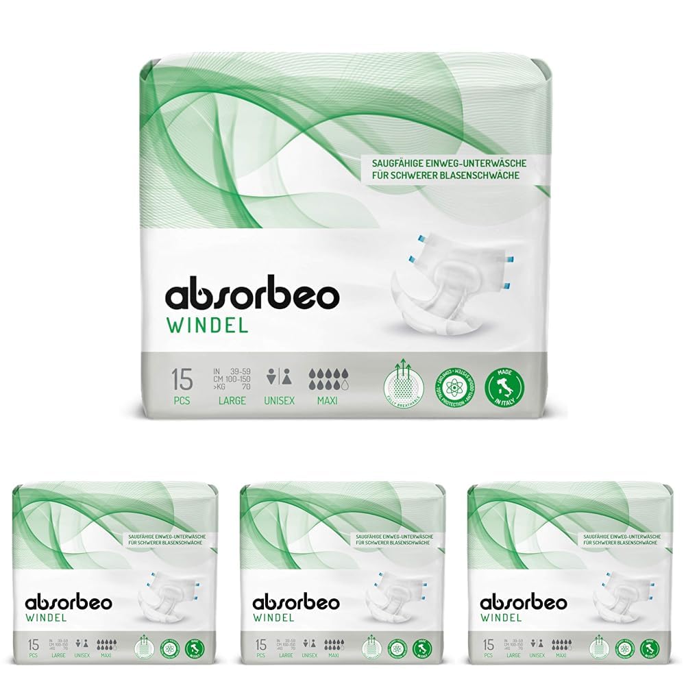 Absorbeo Windel Maxi 15 Stück, Saugfähiges Hilfsmittel für Schwere Blasenschwäche, Absoluter Komfort, Totaler Schutz, Anti-Odour-System, Vollständig Atmungsaktiv, Unisex, Größe L (Packung mit 4)