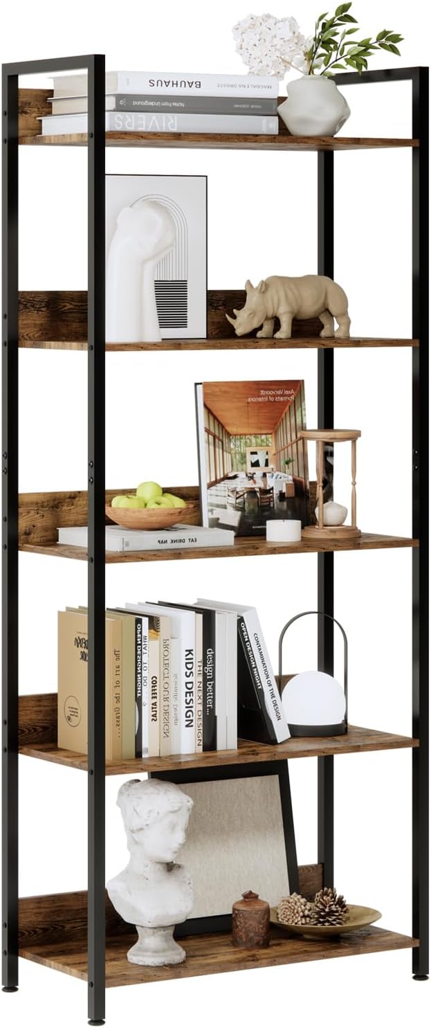 XIV Bookshelf, 5 Tier Bookshelves, Home Office Shelf Storage Organizer, Wood and Metal Bookcase Shelves for Living Room, Bedroom, and Home Office (Rustic Brown)